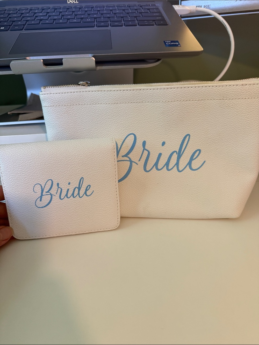 Draper James White Cosmetic Pouch and Wallet with Blue "Bride" Script
